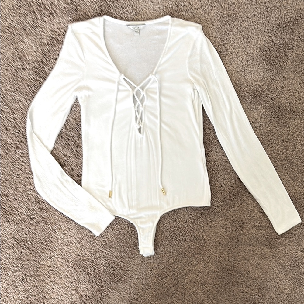 Guess Ivory Lace-Up V-Neck Bodysuit size small